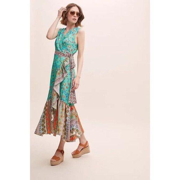 NWT ANTHROPOLOGIE Kachel Mixed Print Wrap Midi Dress - Assorted, Size 10 - Picture 1 of 11